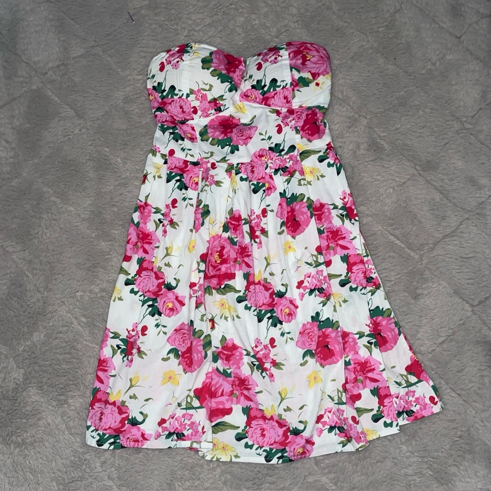 Rue 21 Strapless Mini Floral White Pink Cotton Mini Dress S